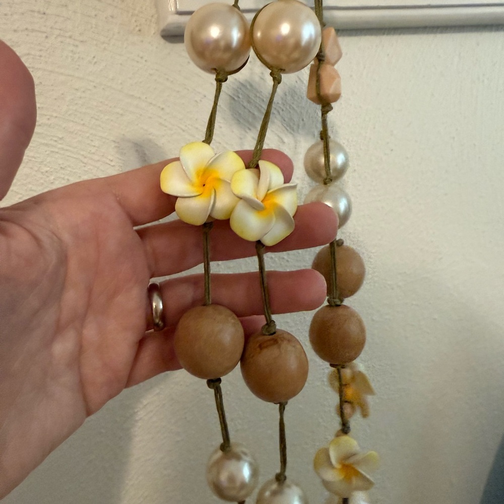 Vintage Adia Kibur hand tied Pearl, Wood & flower long beaded necklace